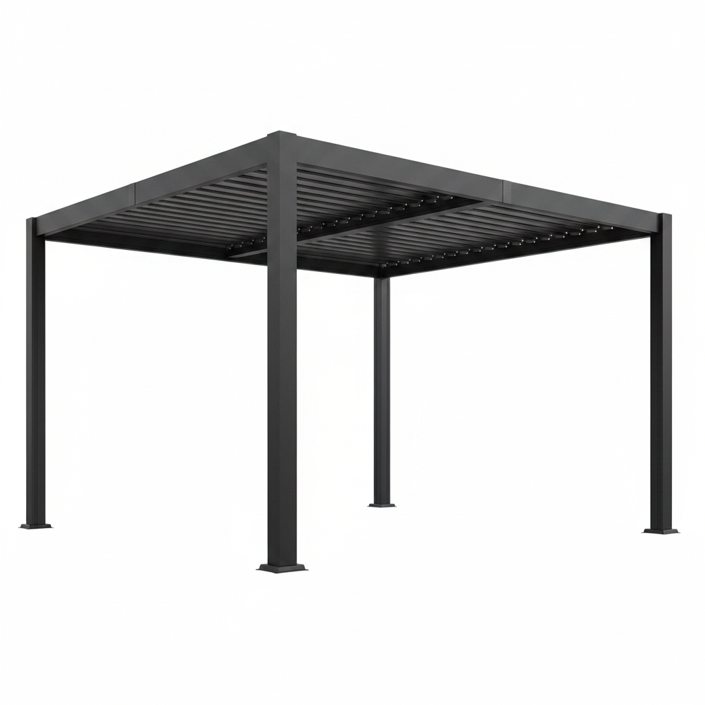 12' X 20' Louvered Pergola, Outdoor Pergola with Curtains & Netting, Metal Patio Pergola with Adjustable Louvers Roof and Gutter System, Metal Hardtop Gazebo for Patio, Deck, Garden, Yard, Dark Gray