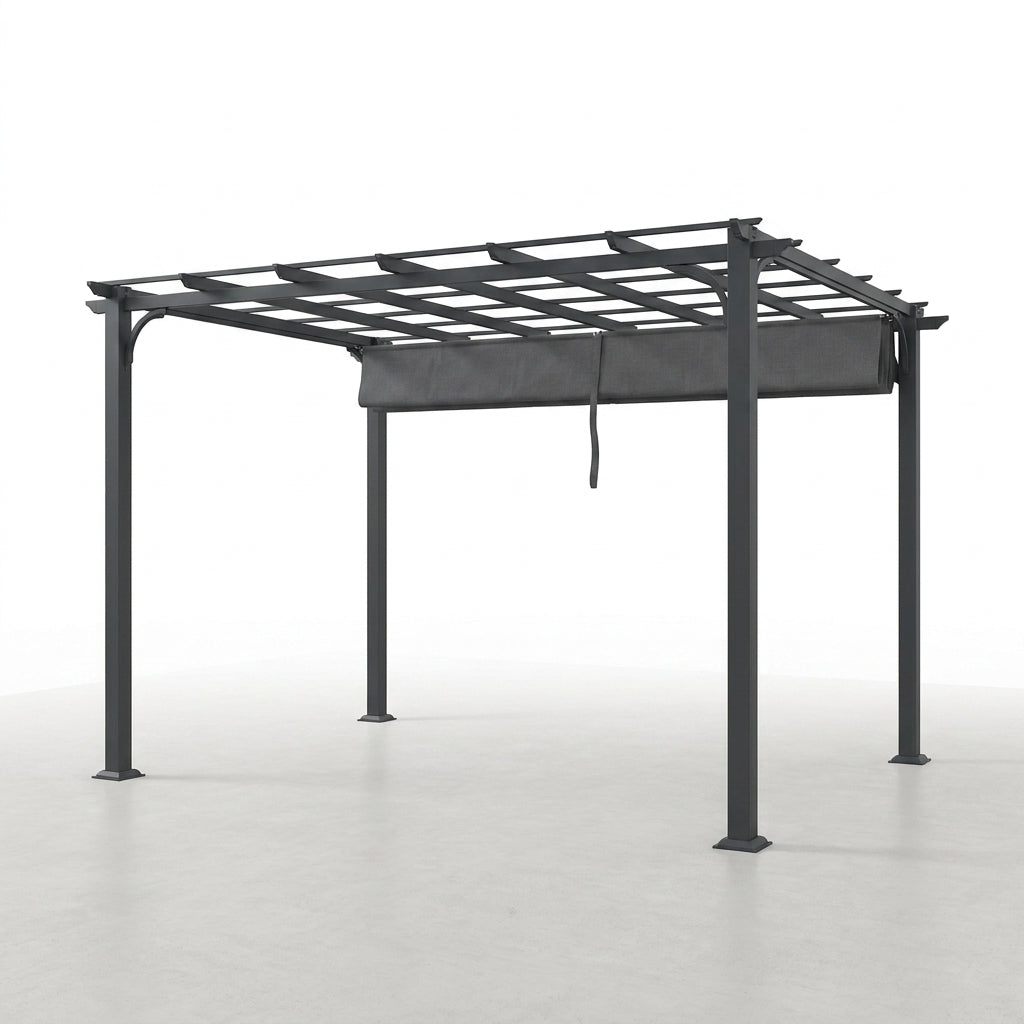 16 Ft. W X 12 Ft. D Aluminum Pergola Outdoor with Dark Gray Retractable Canopy — Studio Shot
