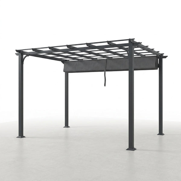 16 Ft. W X 12 Ft. D Aluminum Pergola Outdoor with Dark Gray Retractable Canopy — Studio Shot