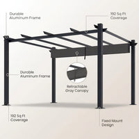 16 Ft. W X 12 Ft. D Aluminum Pergola Outdoor with Dark Gray Retractable Canopy — infographic