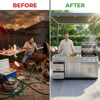 Outdoor Kitchen Stainless Steel 97 In. W X 36.5 In. H X 24 In. D 3-Piece Cabinet Set without Counter Tops — Before & After