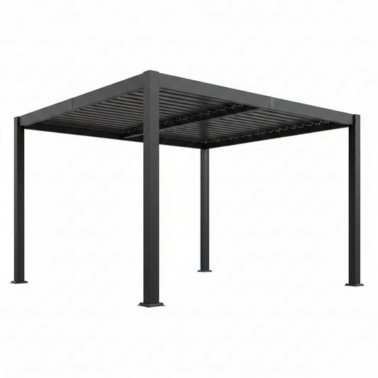 12' X 20' Louvered Pergola, Outdoor Pergola with Curtains & Netting, Metal Patio Pergola with Adjustable Louvers Roof and Gutter System, Metal Hardtop Gazebo for Patio, Deck, Garden, Yard, Dark Gray