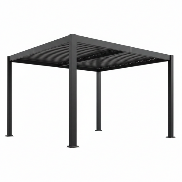 12' X 20' Louvered Pergola, Outdoor Pergola with Curtains & Netting, Metal Patio Pergola with Adjustable Louvers Roof and Gutter System, Metal Hardtop Gazebo for Patio, Deck, Garden, Yard, Dark Gray
